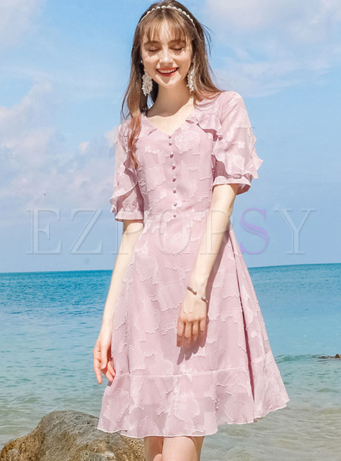 Pink Elegant V-neck Chiffon Dress